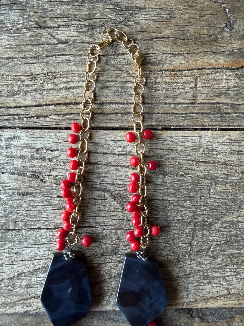 Gold Chain Necklace with Black Stones and Red Bead Accents